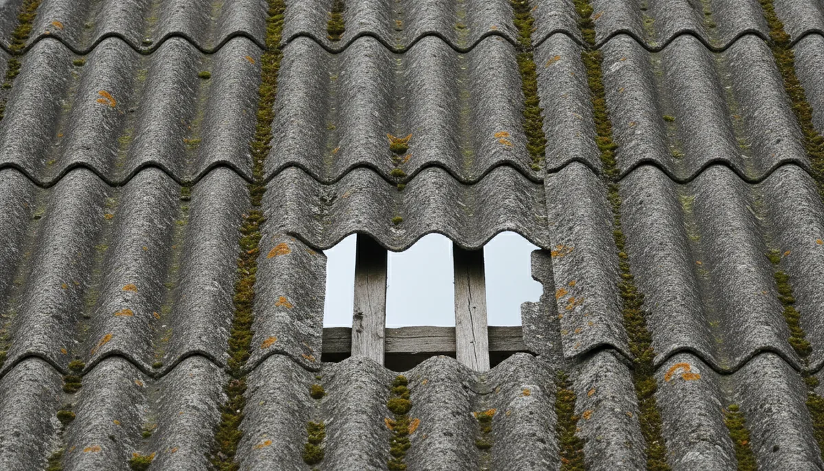 Toiture en fibrociment dégradée avec des plaques cassées en Alsace